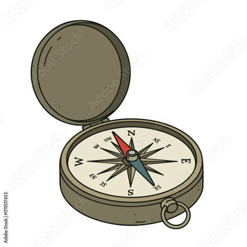 Stylized compass with open case showing north, south, east, west indicators
