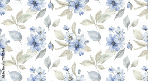 Watercolor Floral Seamless Pattern with Blue Flowers and Leaves.