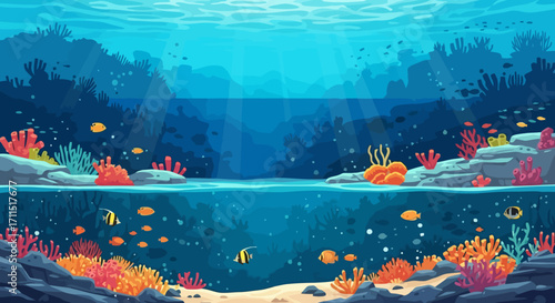 Vibrant Underwater Coral Reef Ecosystem Illustration Showcasing Marine Life and Sunlight Penetration for Educational or Decorative Use