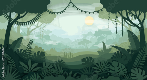 Lush Green Jungle Canopy Illustration with Decorative Garlands, Ideal for Nature-Themed Children's Book Illustrations and Animated Backgrounds for Educational Videos