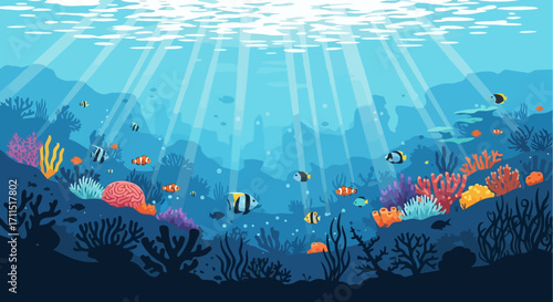 Vibrant Underwater Coral Reef Ecosystem Illustration Showcasing Marine Biodiversity and Tranquil Oceanic Beauty Ideal for Educational Materials and Conservation Campaigns