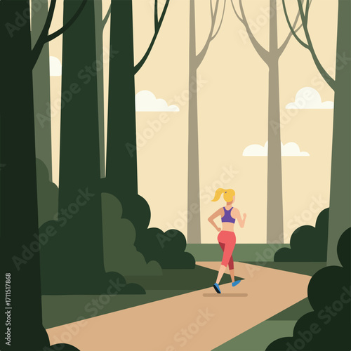 Illustration of a woman jogging on a forest path beneath tall trees on a summer morning