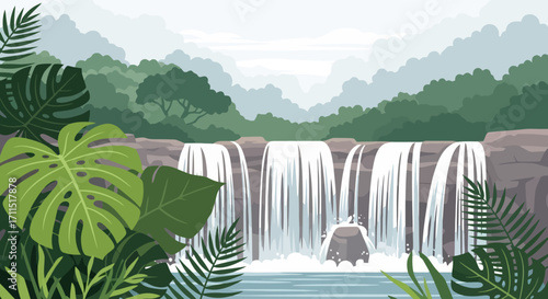 Tranquil Waterfall Landscape Illustration Featuring Lush Tropical Foliage and Serene Waterfalls. Ideal for travel brochures, nature-themed websites, and educational materials
