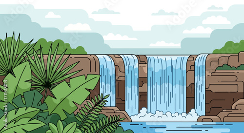 Serene Waterfall Landscape Illustration with Lush Tropical Vegetation, Ideal for Nature Documentaries, Educational Materials, and Environmental Awareness Campaigns.