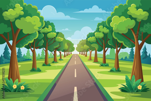 Beautiful tree-lined road leading through a lush landscape under a clear blue sky in the afternoon light