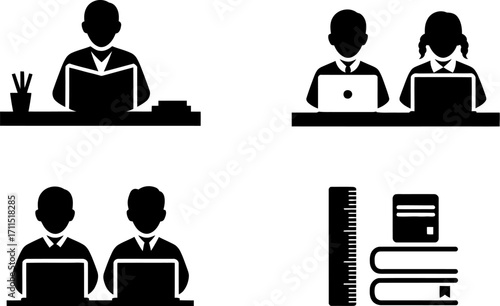 Diverse group of people focused on learning and working at desks with technology and books.