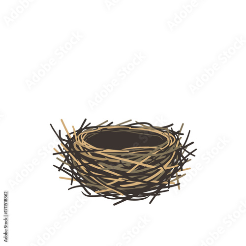 Simplified graphic illustration of bird nest, constructed of interwoven twigs and branches