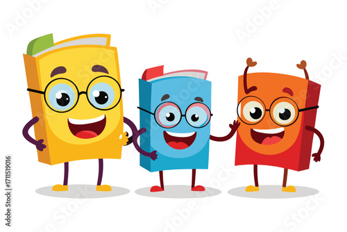 Three cheerful cartoon books with glasses smiling and interacting together in a colorful design