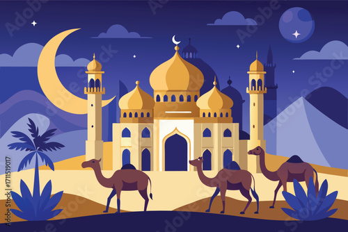 Majestic desert scene with golden domes, camels, and a starry night sky