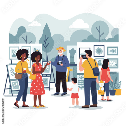 A cheerful gathering of people admiring artwork at an outdoor art exhibit, with soft tones