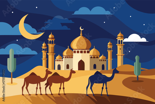 Desert scene with camels and a beautiful mosque under a night sky with a crescent moon