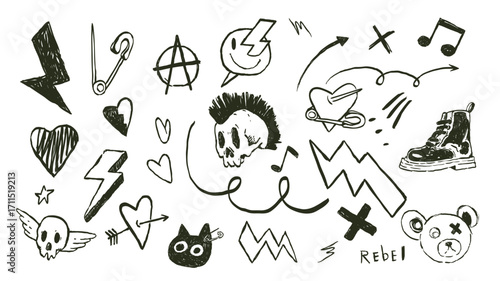Hand drawn doodle punk set – sketch scull. anarchy, pin, cat, shoe, punk, grunge, heart, music notes,  collection