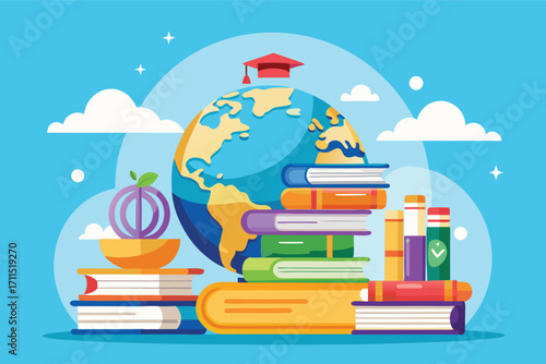 Education and knowledge represented through books, a globe, and study materials in a colorful design