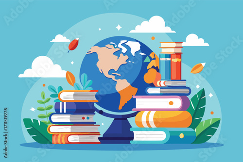 Colorful globe surrounded by books in a whimsical educational scene