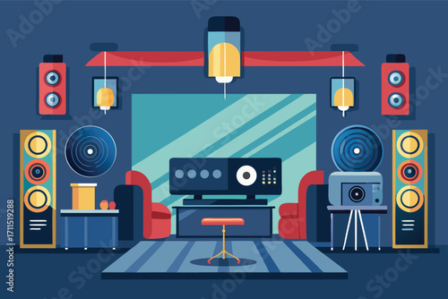 Modern living room with audio equipment and stylish decor for home entertainment