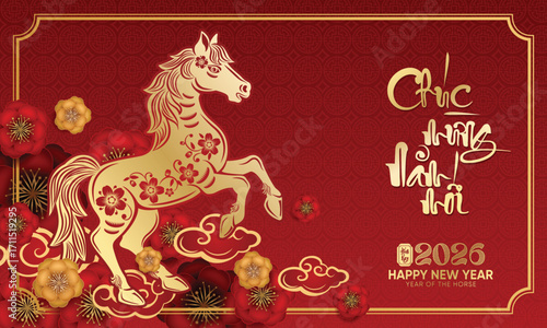 Vietnamese New Year papercut of the zodiac sign for the Year of the Horse. (Translation : Happy new year )