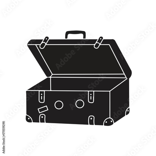 Black graphic illustration of an open vintage suitcase, clasps, handle and stickers