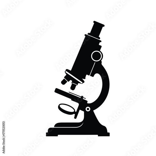 Black and white silhouette of a microscope against a plain white backdrop