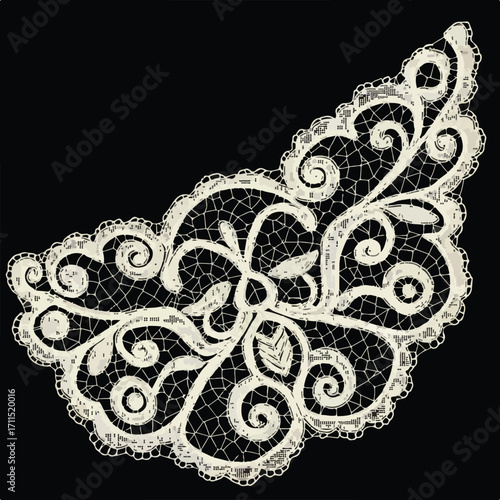 Intricate off-white lace detail with swirls and leaf shapes on a stark black backdrop