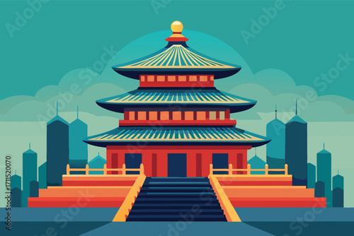 Stunning temple in a modern city skyline under a colorful sky at dusk
