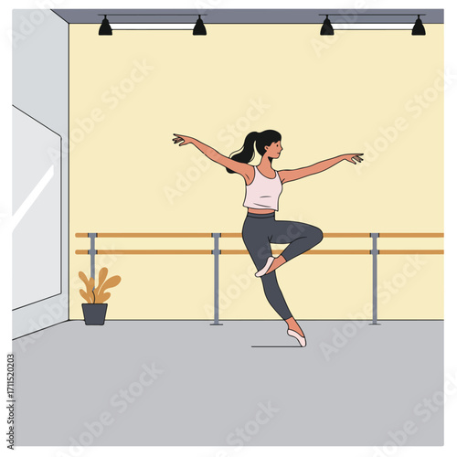 Ballet dancer in a studio performs an arabesque, near barre and a plant in a pot