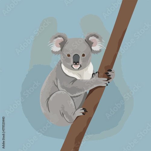 A stylized koala clings to a brown tree branch against a soft, blue background illustration