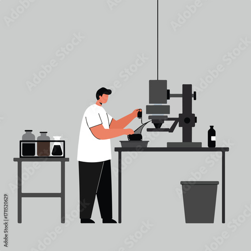 Illustrator rendering of a person using a darkroom enlarger on grey background