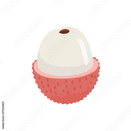 Flat illustration of a half lychee fruit, showcasing the textured red skin and white flesh