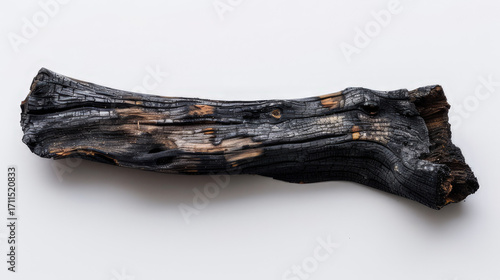 A piece of charred wood showcasing its textured surface and natural form.