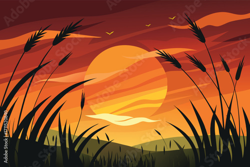 Vibrant sunset over a field with tall grass and distant hills showcasing warm orange and yellow hues