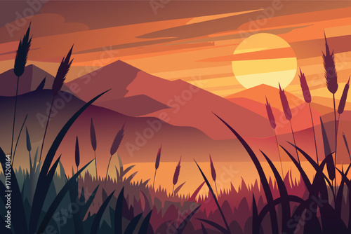 Vibrant sunset over mountains with tall grass in the foreground