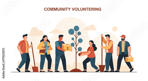 Diverse group of young people working together on a community project, planting a tree for environmental conservation and social good