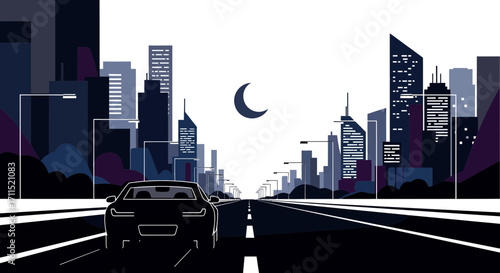 A solitary journey driving on an open road towards a luminous modern city skyline at night