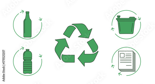 Eco-Friendly Recycling Arrows, Glass Bottle, Plastic Bottle, Battery, and Paper in Green Circles