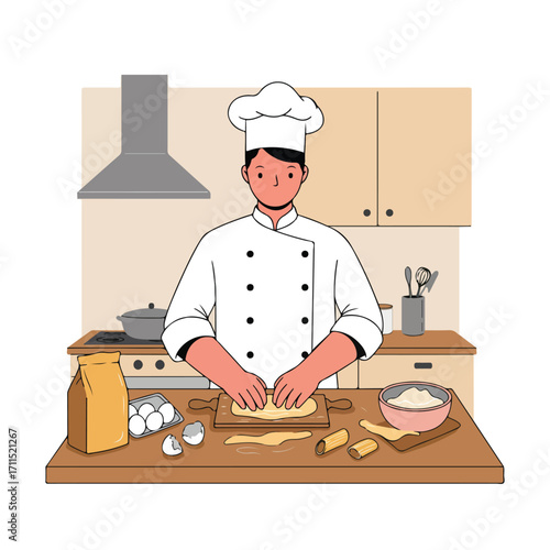 Illustrated chef stretches dough on countertop with flour, eggs, and pasta nearby