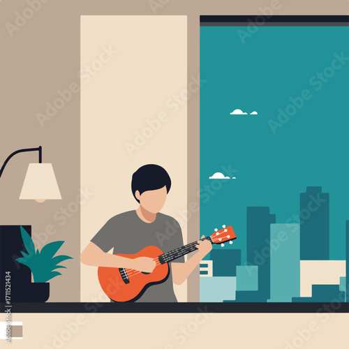 Vector art of person playing ukulele by window,plant,and lamp with a stylized cityscape view