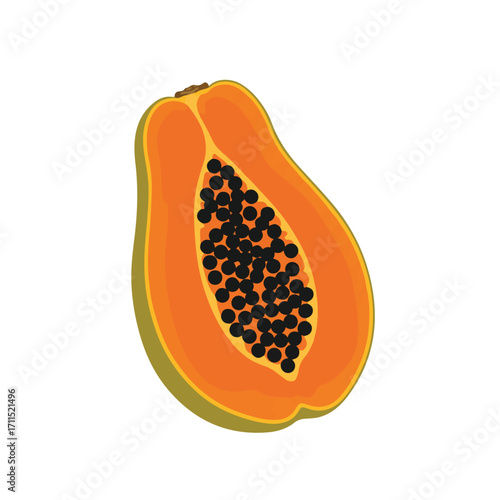 Graphic, sectioned papaya with orange flesh and black seeds