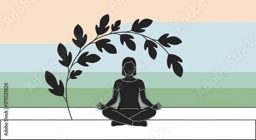 Silhouette of a person meditating outdoors under a leafy branch, embodying peace and nature