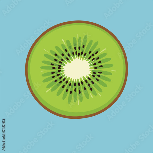 Vector kiwi slice with a light green pulp and many black seeds over a light blue background