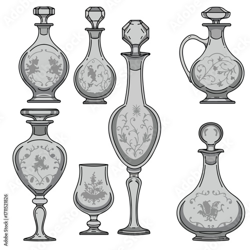 Monochrome drawing showcases an assortment of decorative glass bottles and decanters