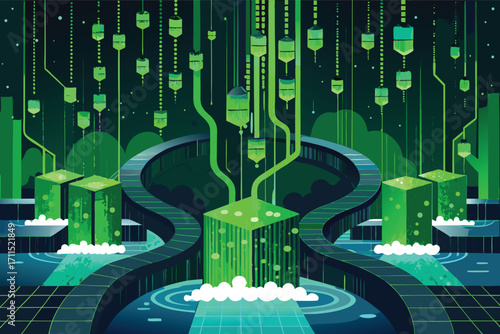 Virtual landscape filled with green glowing elements and geometric shapes representing a futuristic technology theme