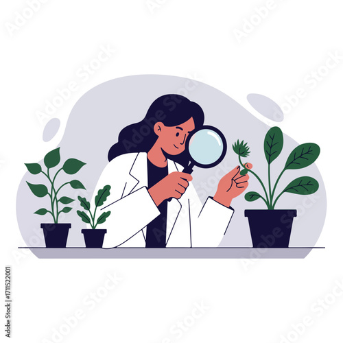 Scientist examines plants with a magnifying glass in a lab with three potted plants