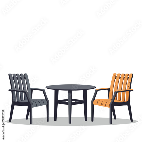 Graphic, a dark round table with a pair of chairs, one gray and one orange, angled view