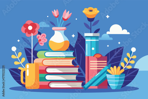 Creative arrangement of books and flowers in bright colors for a cheerful study atmosphere