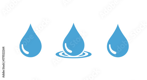 Set of blue water drop vector icons showing a simple droplet and a splash with ripples, representing purity, nature, and hydration