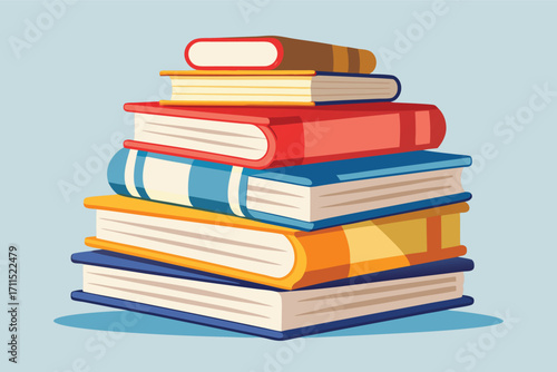 A tall stack of seven colorful books is positioned on a light blue background