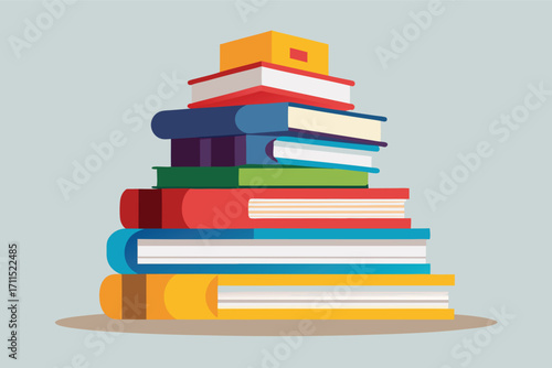 Colorful stack of books with varying sizes and colors on a light background