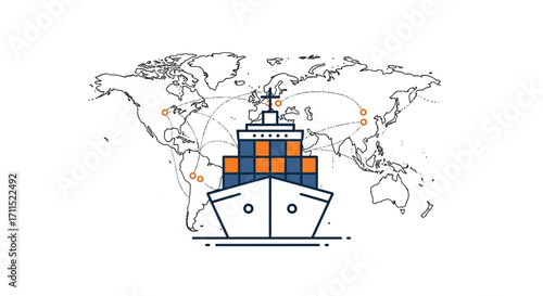 Global shipping and logistics concept with a cargo ship navigating a world map