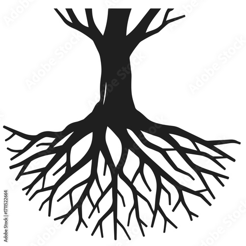 Simple graphic of a dark tree with elaborate roots, isolated against a white backdrop