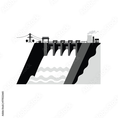 Vector image depicts a hydroelectric dam with power lines, factory, and flowing water